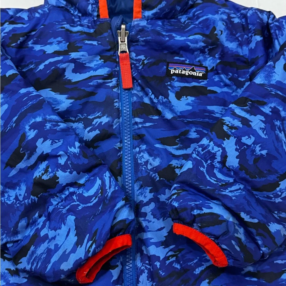 Patagonia Blue and Black Camouflage Jacket with Orange Trim